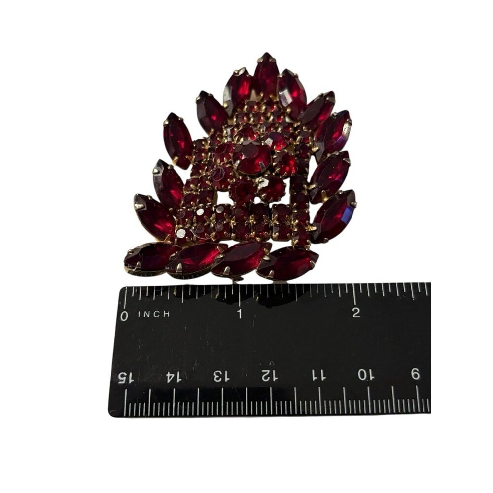 VTG Red Brooch Pin Navette and Round Rhinestone Gold Tone Large Statement Chunky - Picture 15 of 16